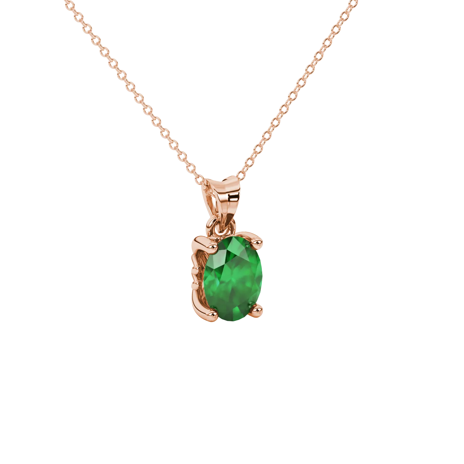 Close-up, oval cut emerald green gemstone pendant, rose gold lotus basket.