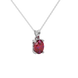 Close-up oval cut raspberry red gemstone pendant, white gold lotus basket.