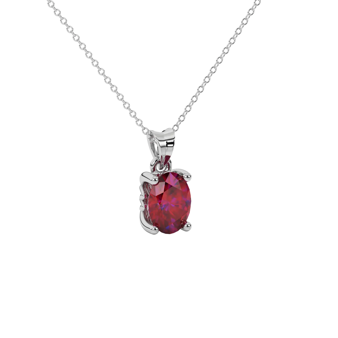Close-up oval cut raspberry red gemstone pendant, white gold lotus basket.
