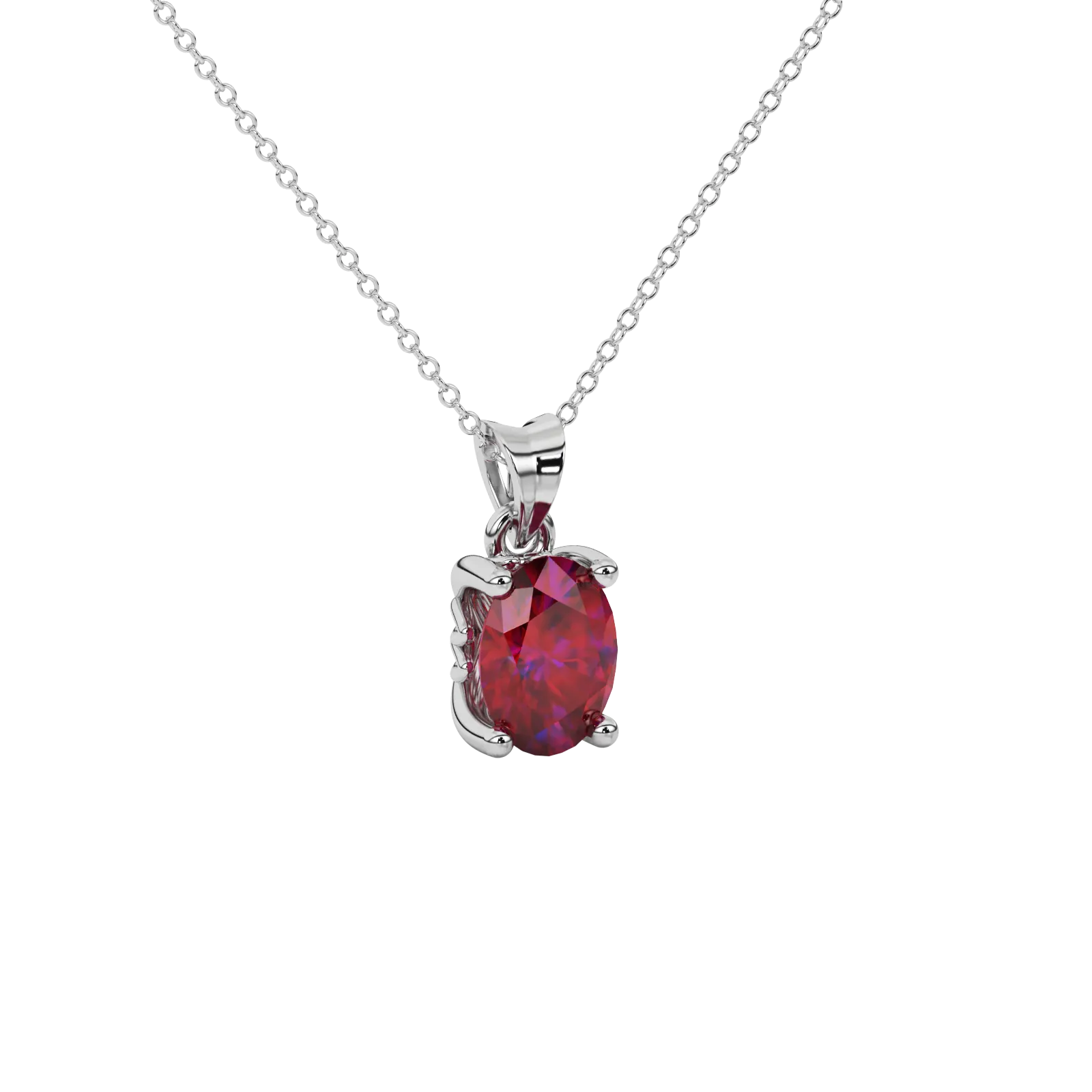 Close-up oval cut raspberry red gemstone pendant, white gold lotus basket.