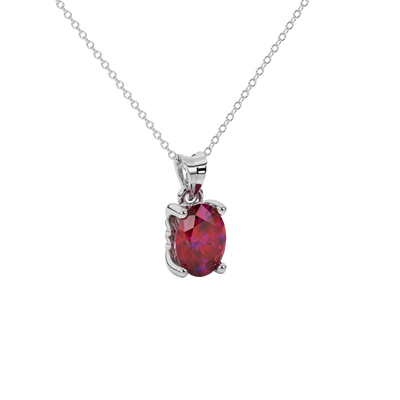 Close-up oval cut raspberry red gemstone pendant, white gold lotus basket.