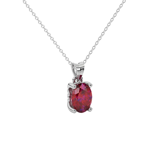 Close-up oval cut raspberry red gemstone pendant, white gold lotus basket.