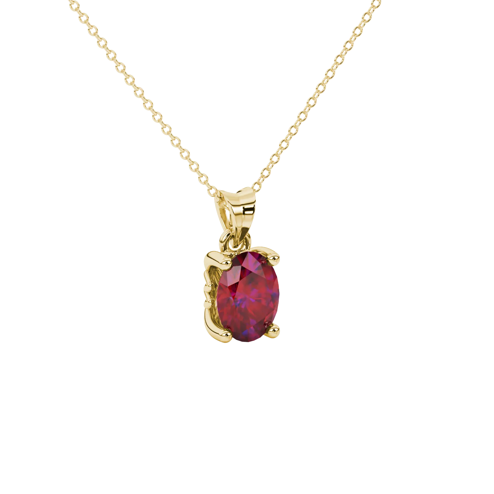 Close-up, oval cut raspberry red gemstone, yellow gold lotus basket pendant.