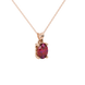 Close-up, oval cut raspberry red gemstone pendant, rose gold lotus basket.
