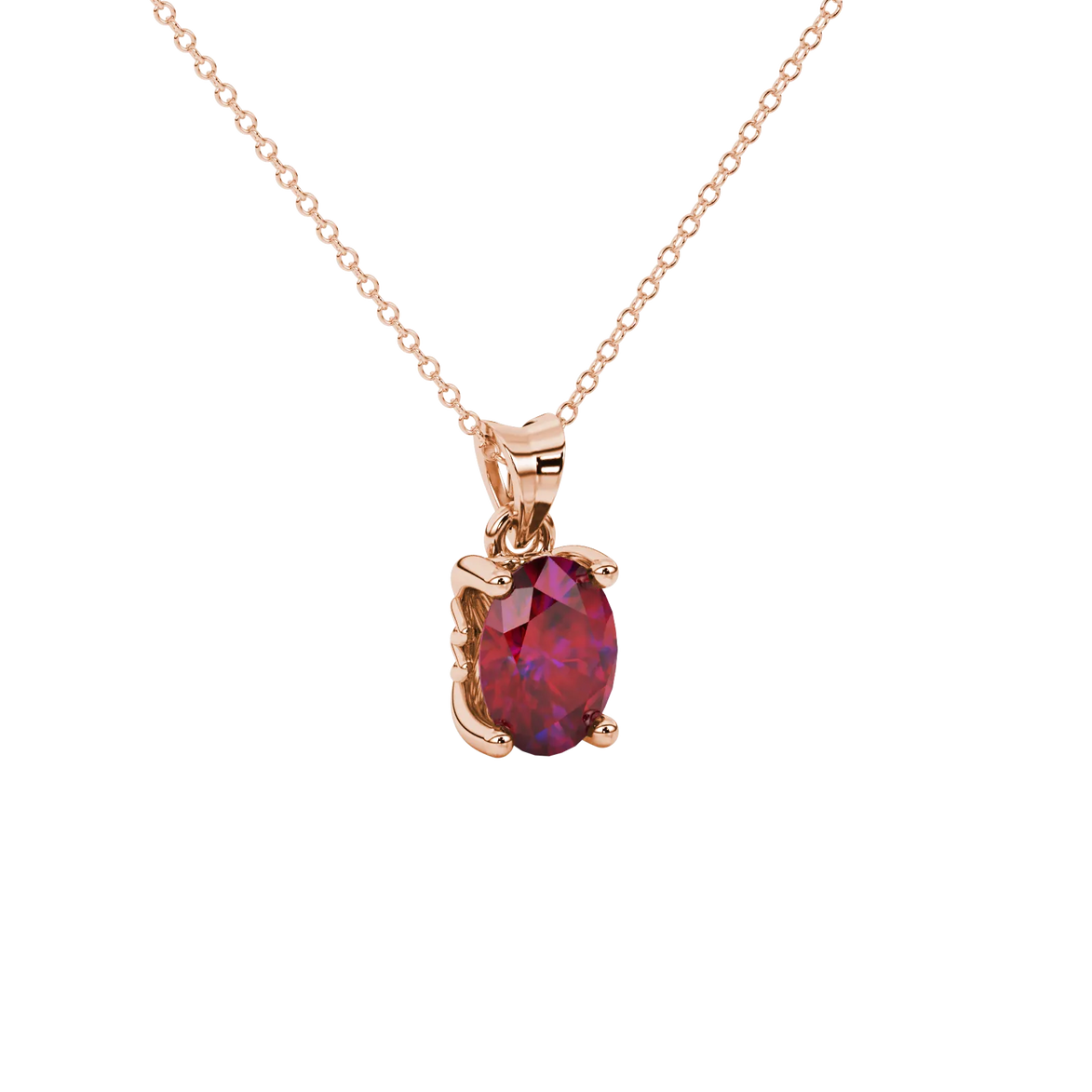 Close-up, oval cut raspberry red gemstone pendant, rose gold lotus basket.