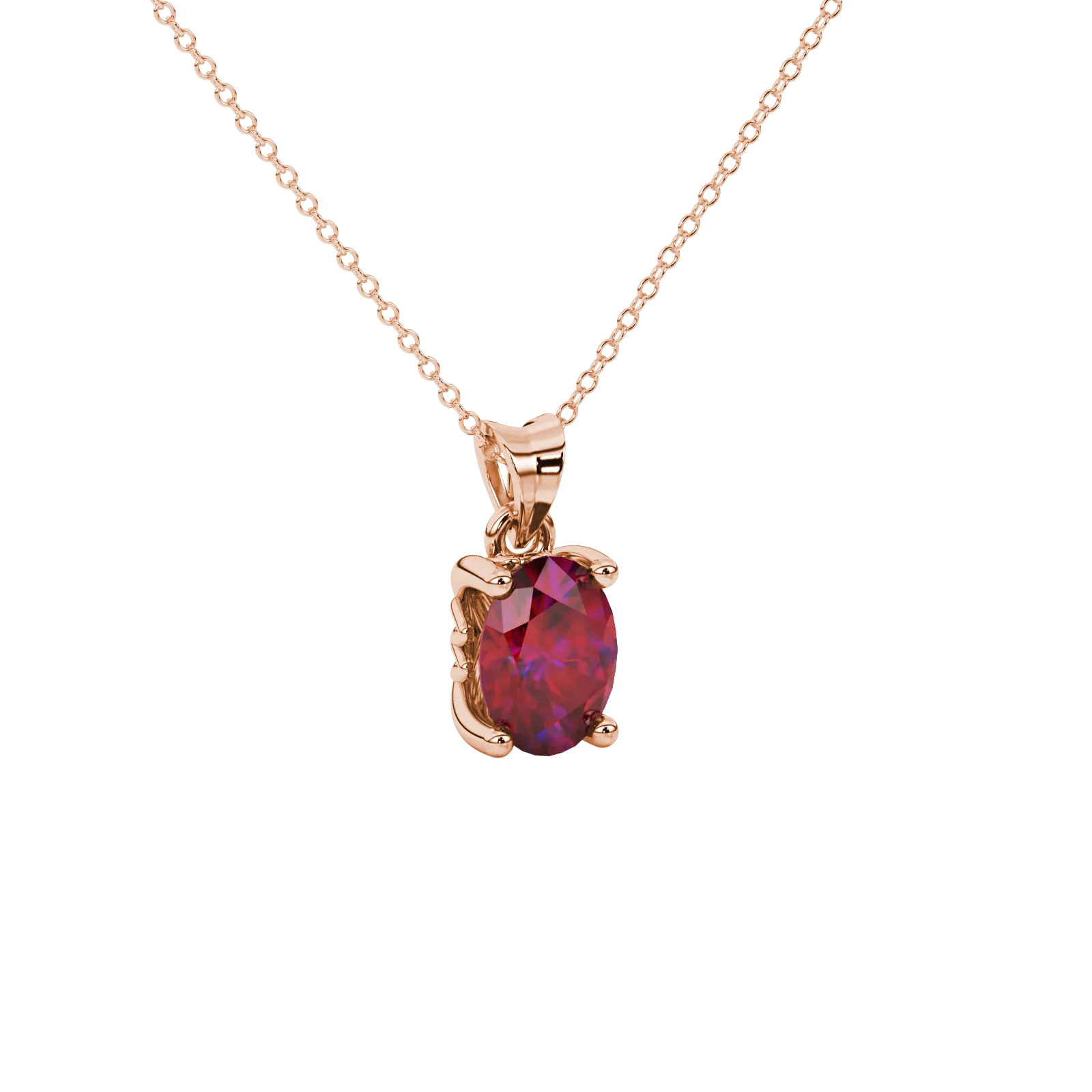 Close-up, oval cut raspberry red gemstone pendant, rose gold lotus basket.