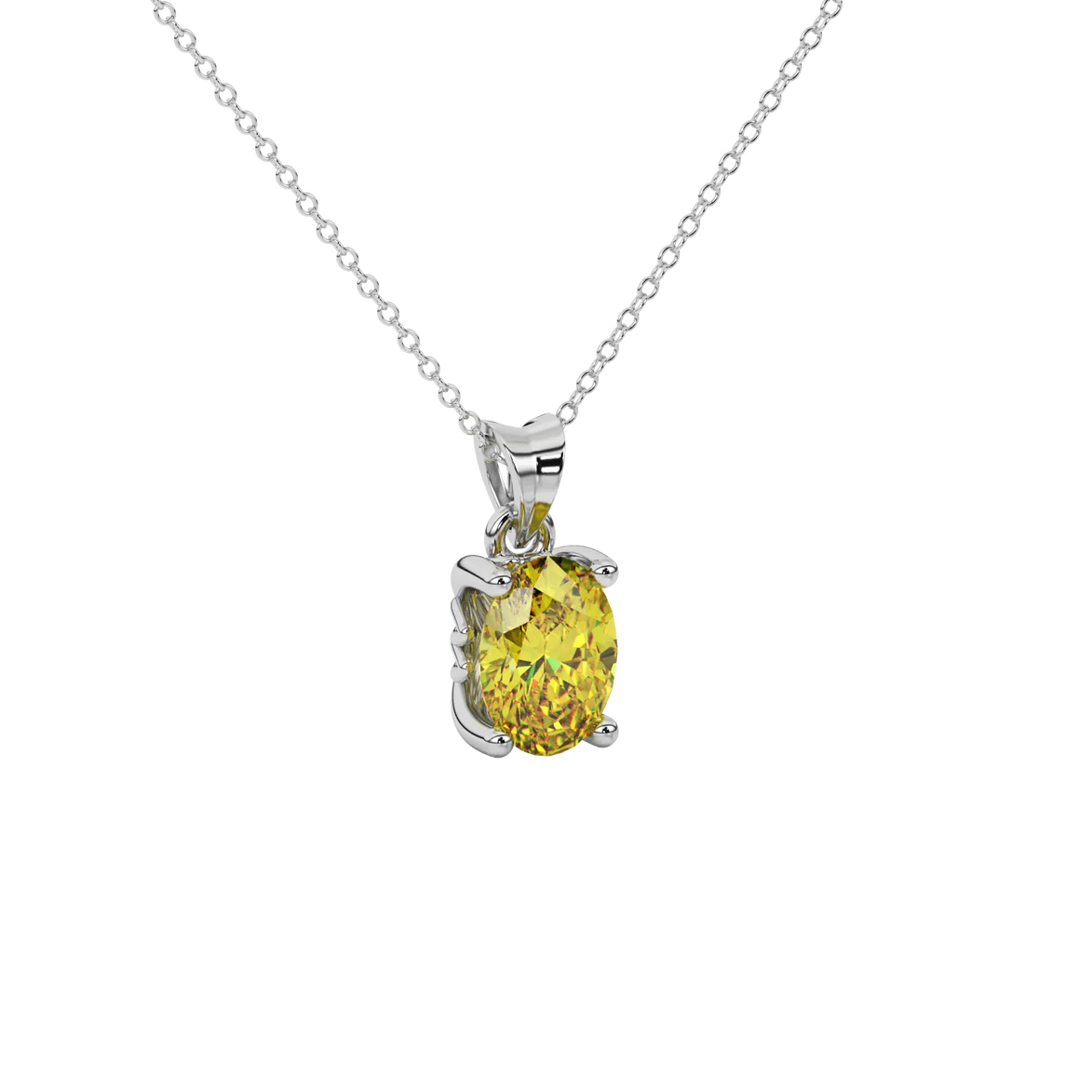 Close-up oval cut canary yellow gemstone pendant, white gold lotus basket.