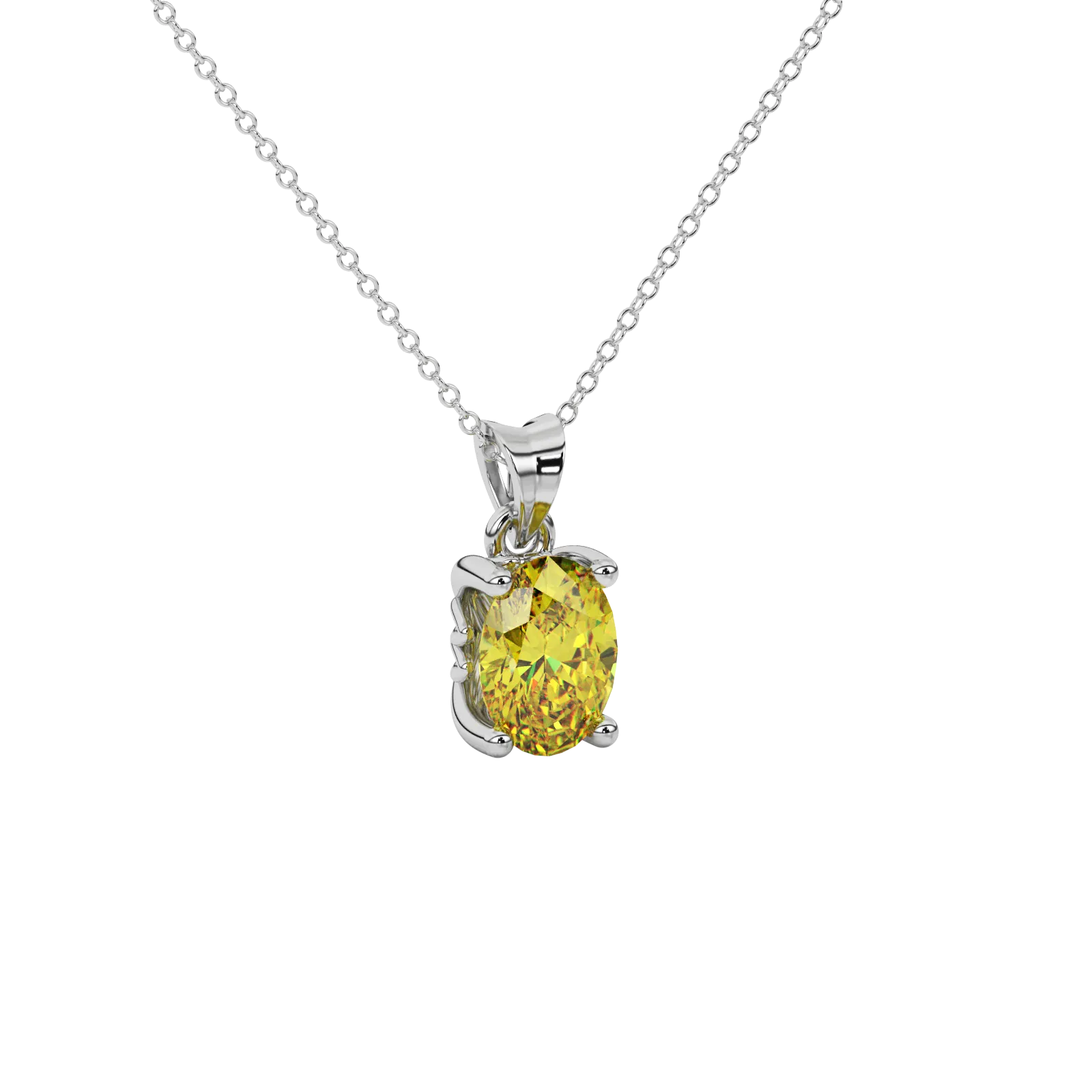Close-up oval cut canary yellow gemstone pendant, white gold lotus basket.
