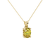 Close-up, oval cut canary yellow gemstone, yellow gold lotus basket pendant.