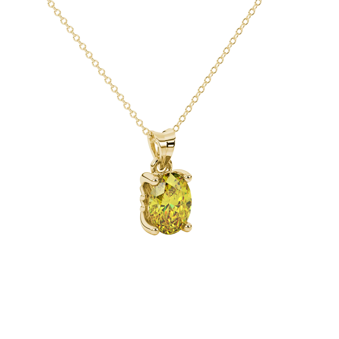 Close-up, oval cut canary yellow gemstone, yellow gold lotus basket pendant.