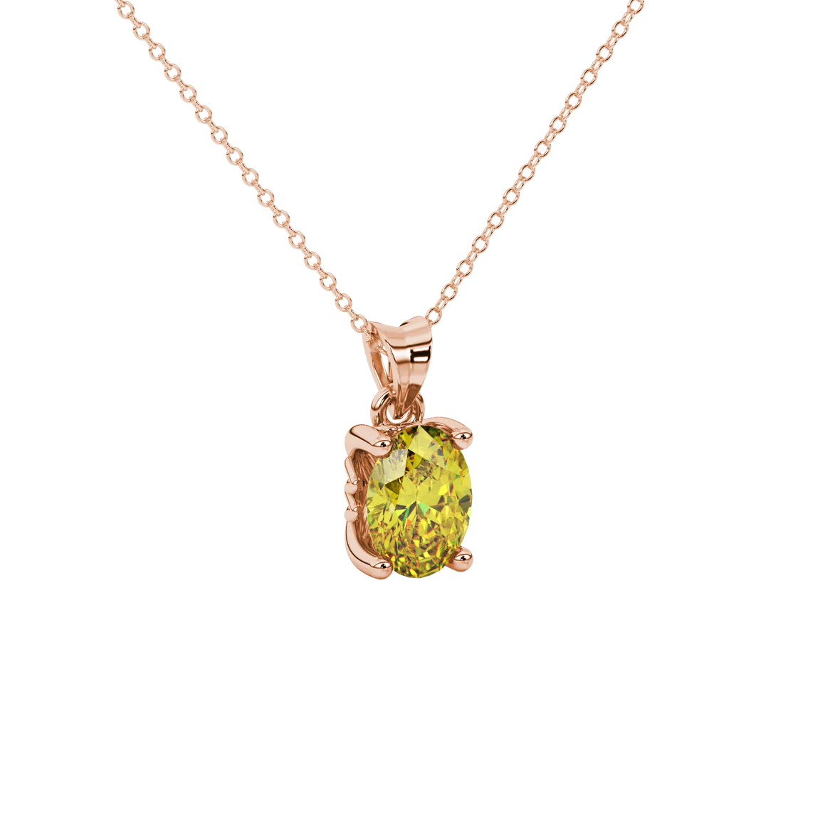 Close-up, oval cut canary yellow gemstone pendant, rose gold lotus basket.
