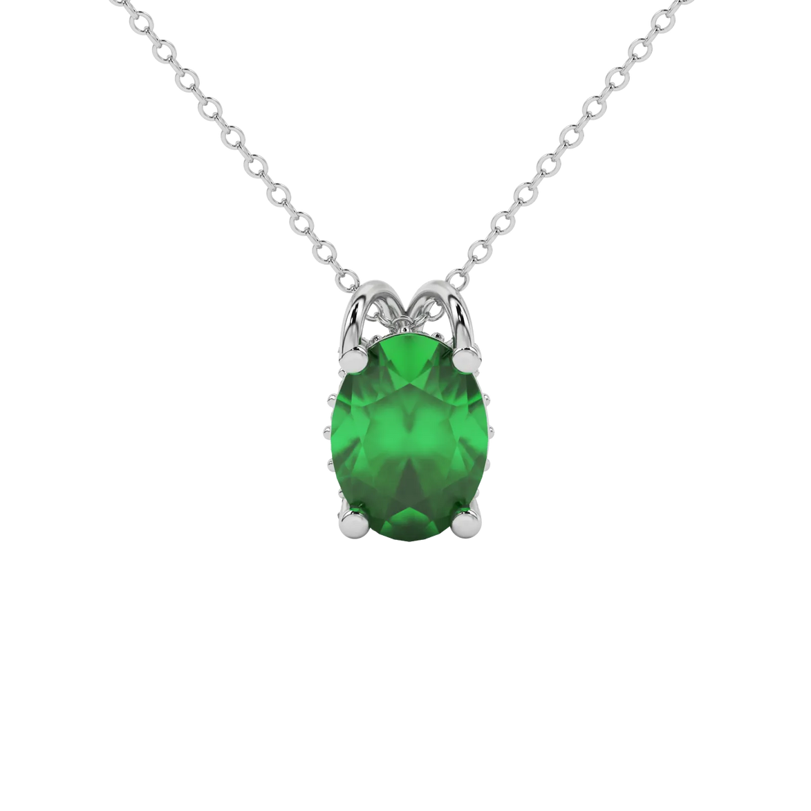 Oval cut emerald green gemstone pendant, white gold pavé basket setting.