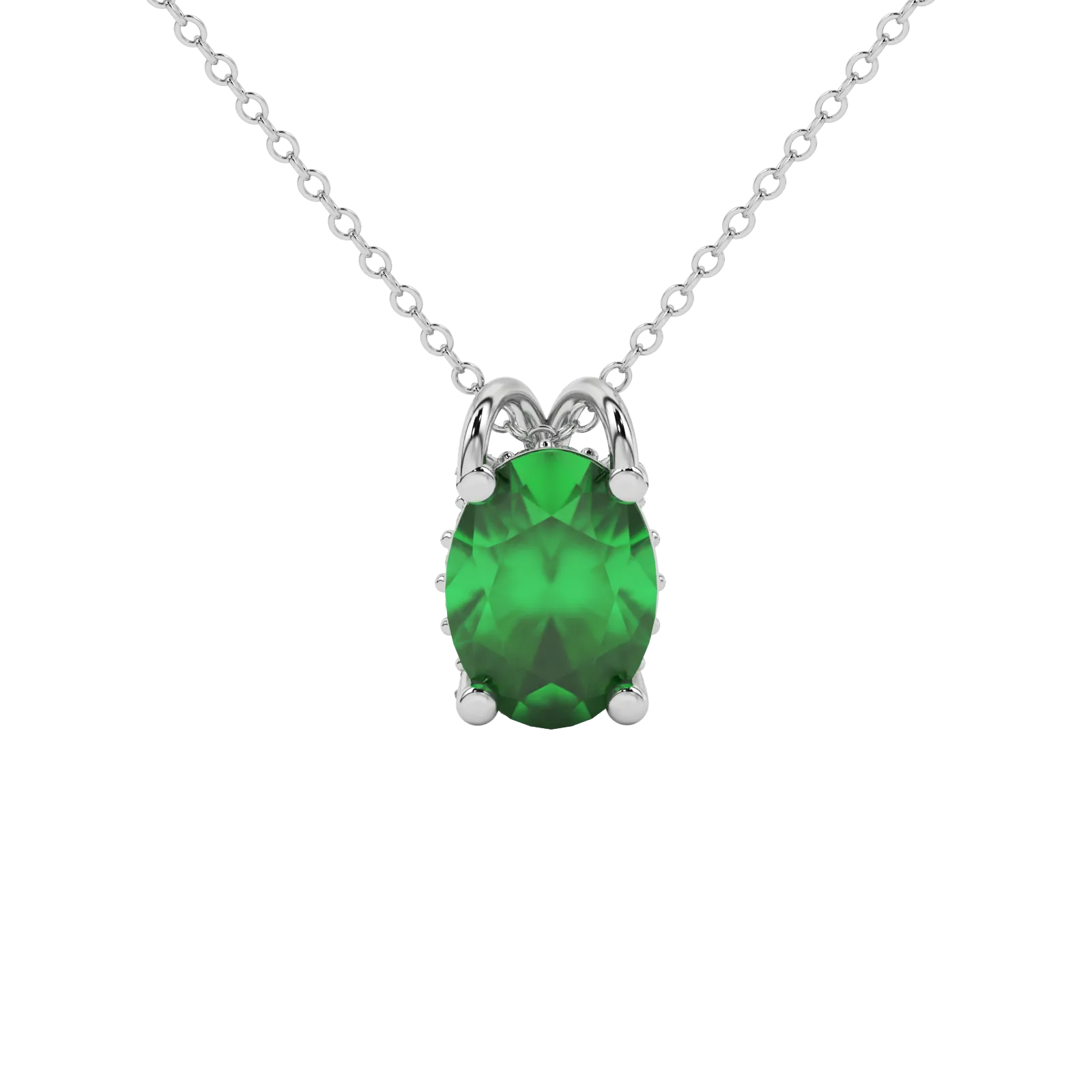 Oval cut emerald green gemstone pendant, white gold pavé basket setting.