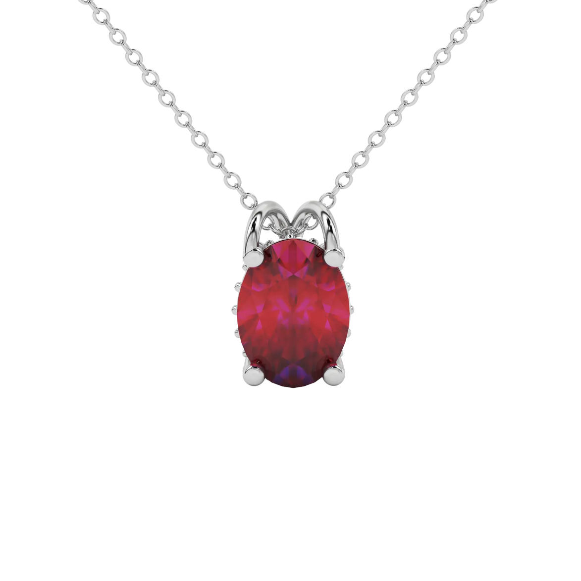 Oval cut raspberry red gemstone pendant, white gold pavé basket setting.