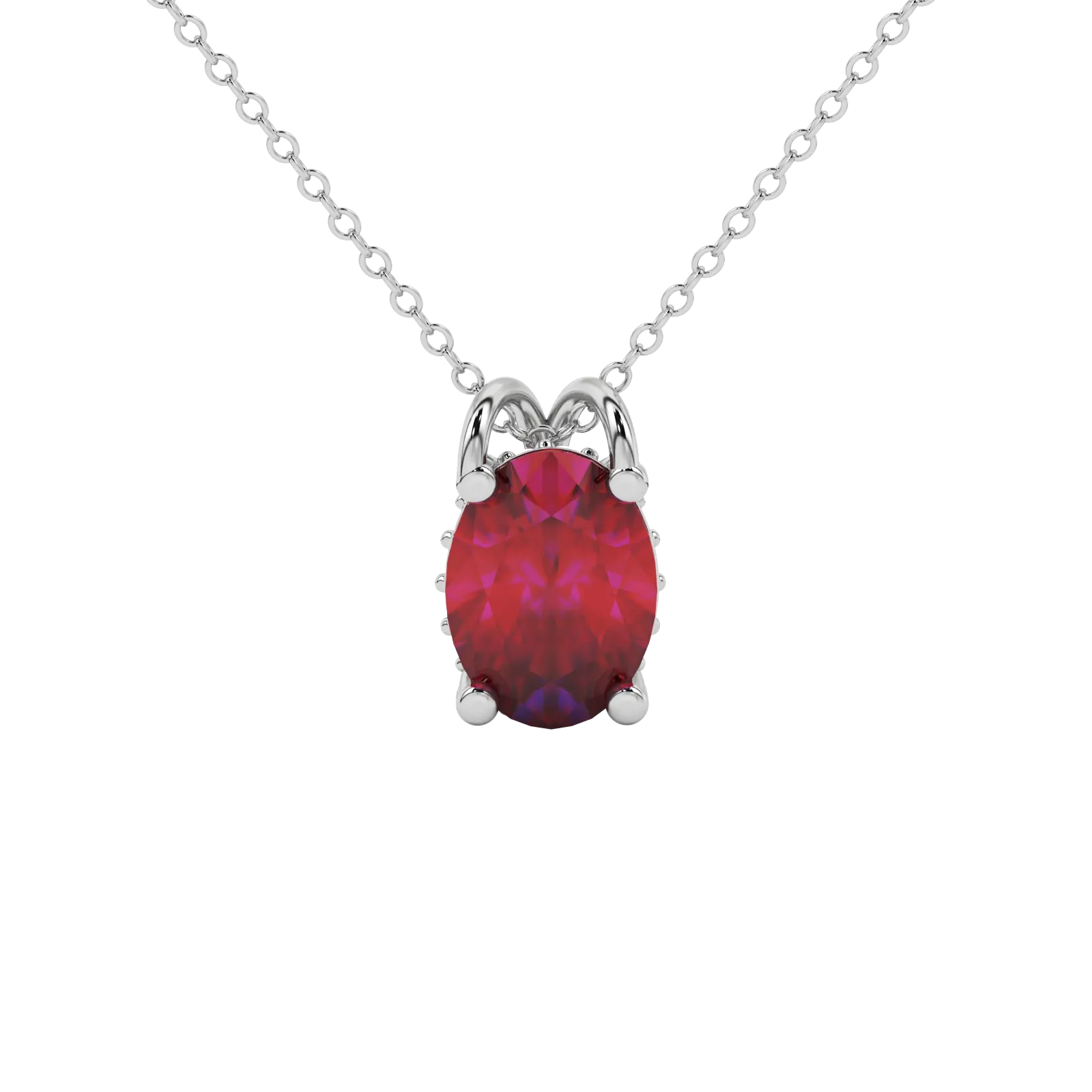Oval cut raspberry red gemstone pendant, white gold pavé basket setting.