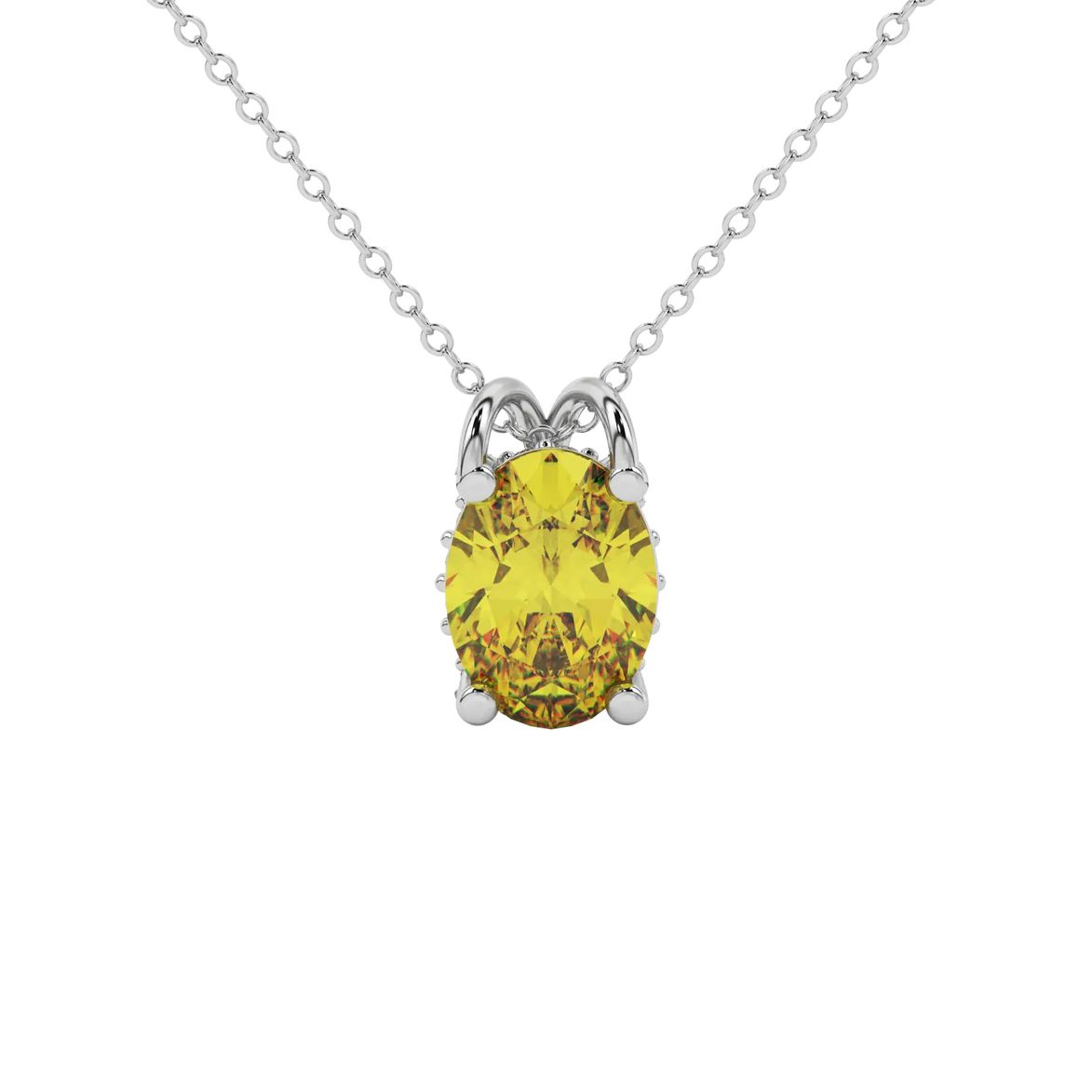 Oval cut canary yellow gemstone pendant, white gold pavé basket setting.
