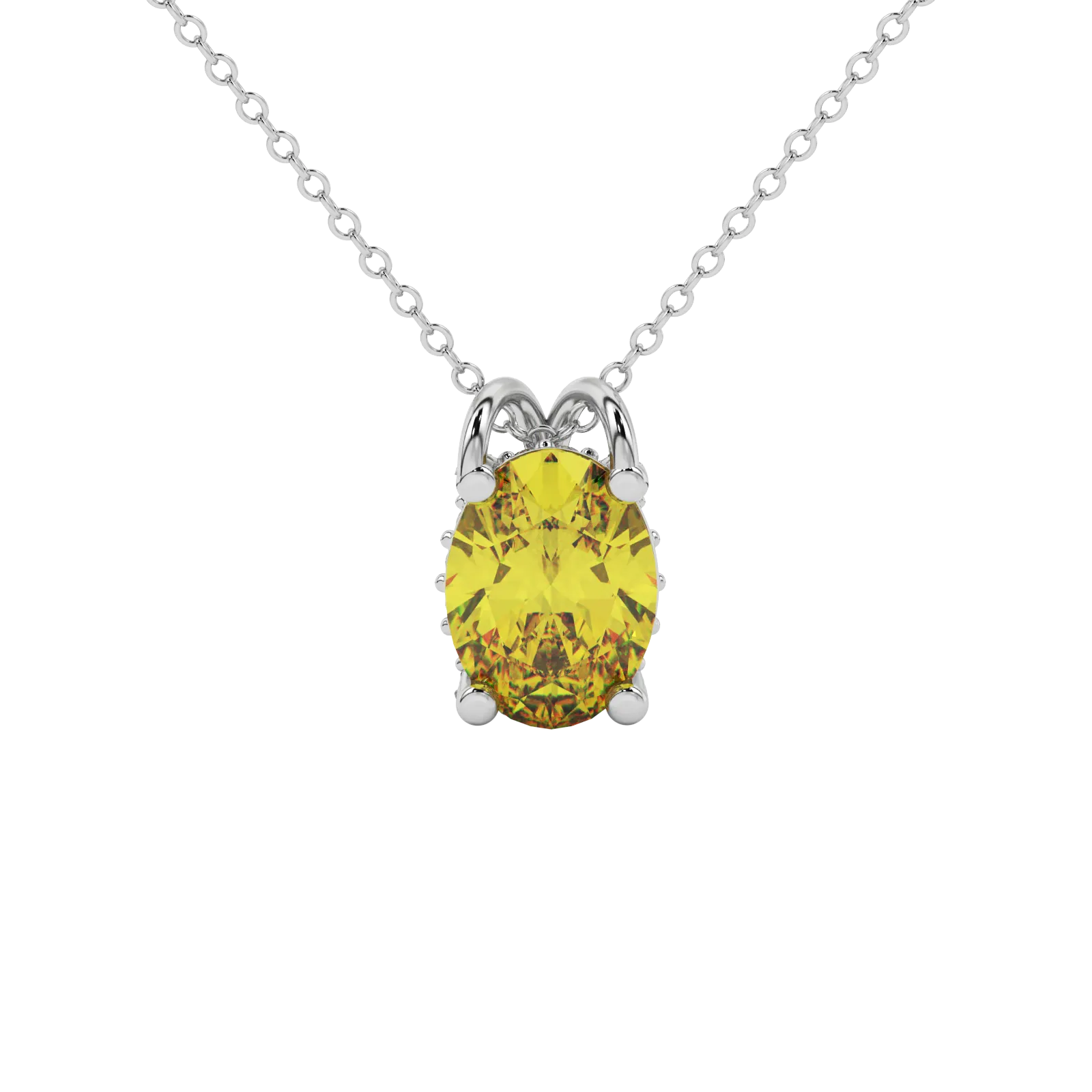 Oval cut canary yellow gemstone pendant, white gold pavé basket setting.