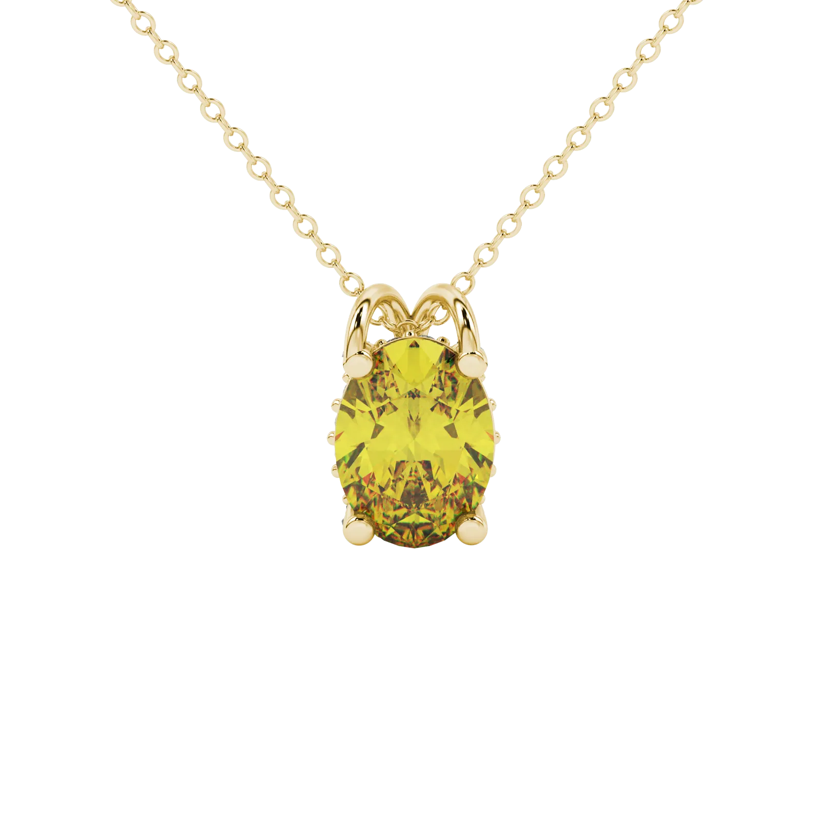 Oval cut canary yellow gemstone pendant, yellow gold pavé basket setting.