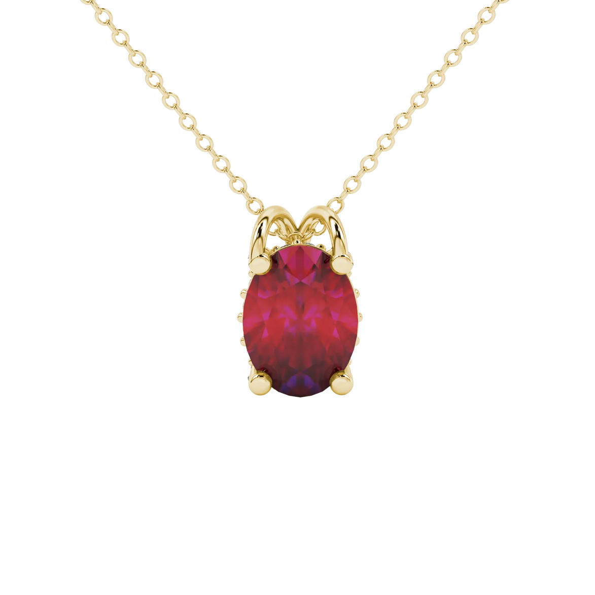 Oval cut raspberry red gemstone pendant, yellow gold pavé basket setting.