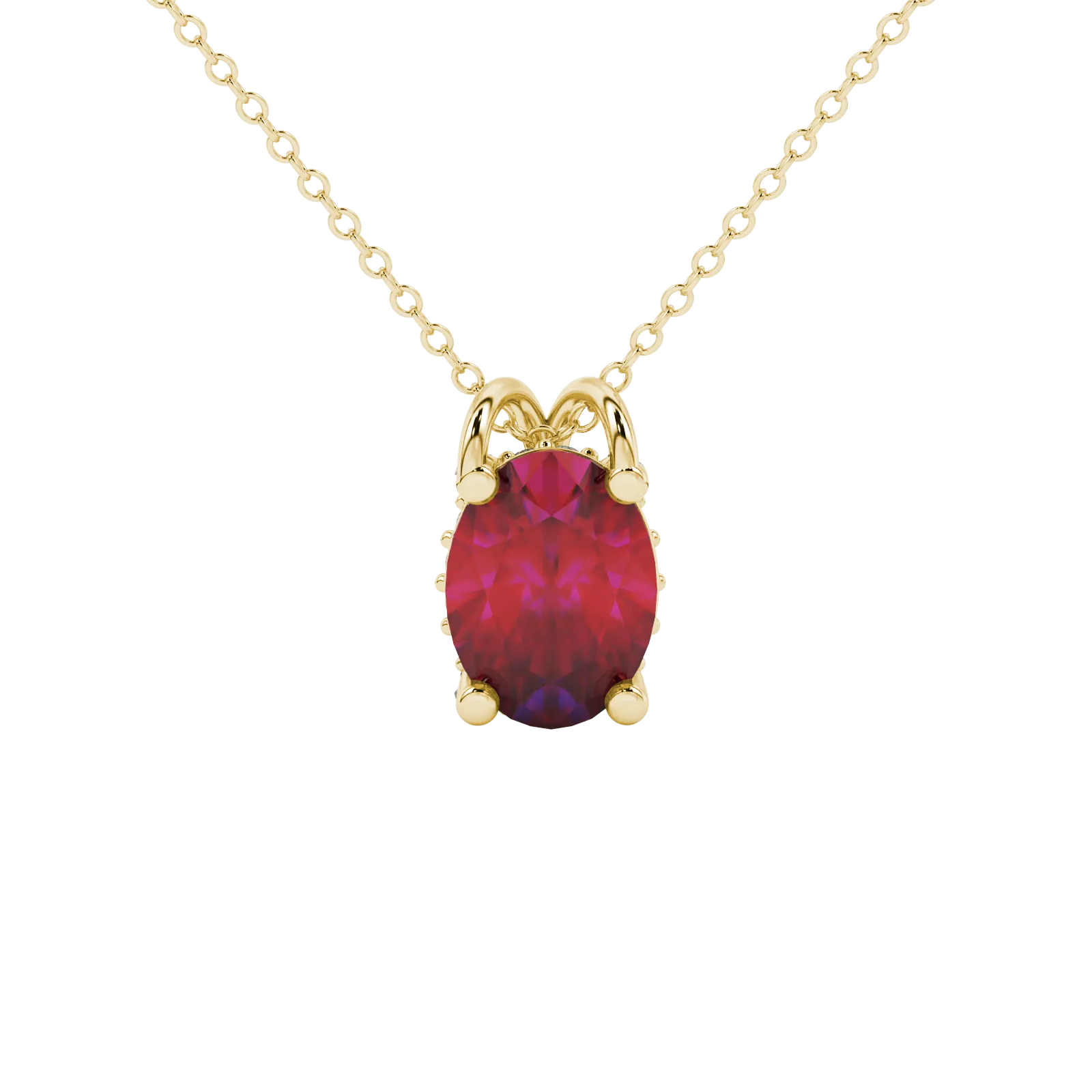 Oval cut raspberry red gemstone pendant, yellow gold pavé basket setting.