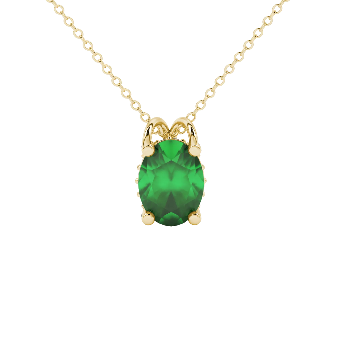 Oval cut emerald green gemstone pendant, yellow gold pavé basket setting.
