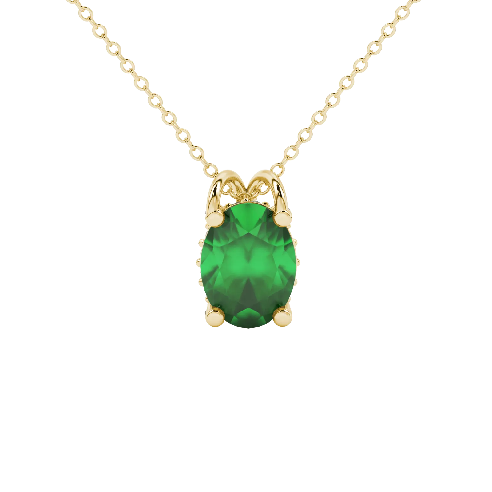 Oval cut emerald green gemstone pendant, yellow gold pavé basket setting.