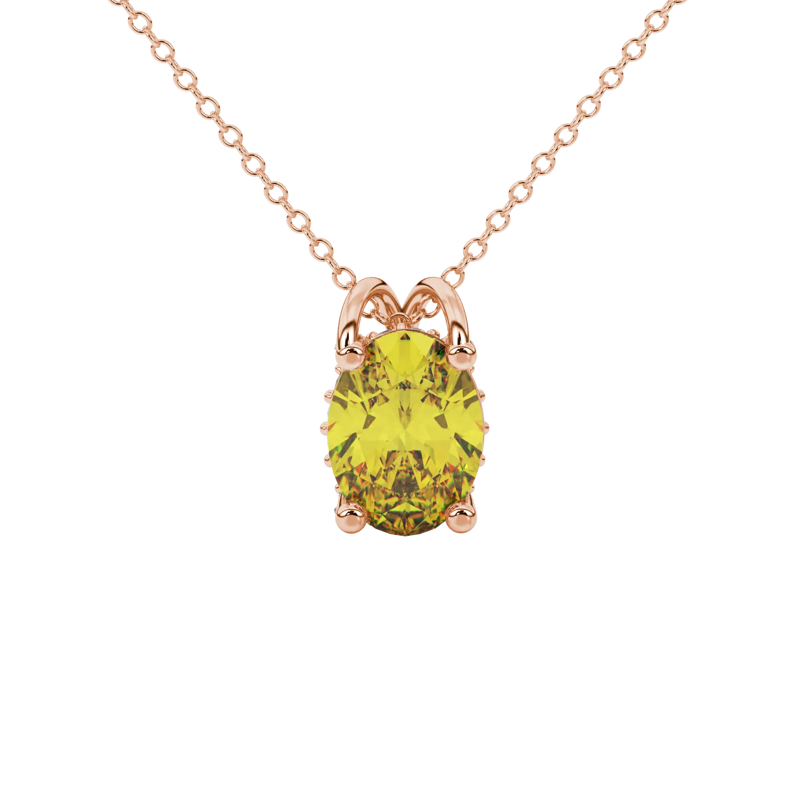 Oval cut canary yellow gemstone pendant, rose gold pavé basket setting.