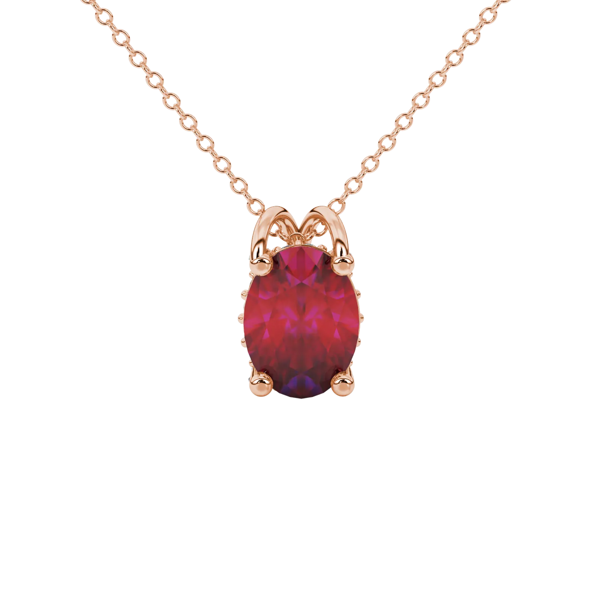 Oval cut raspberry red gemstone pendant, rose gold pavé basket setting.