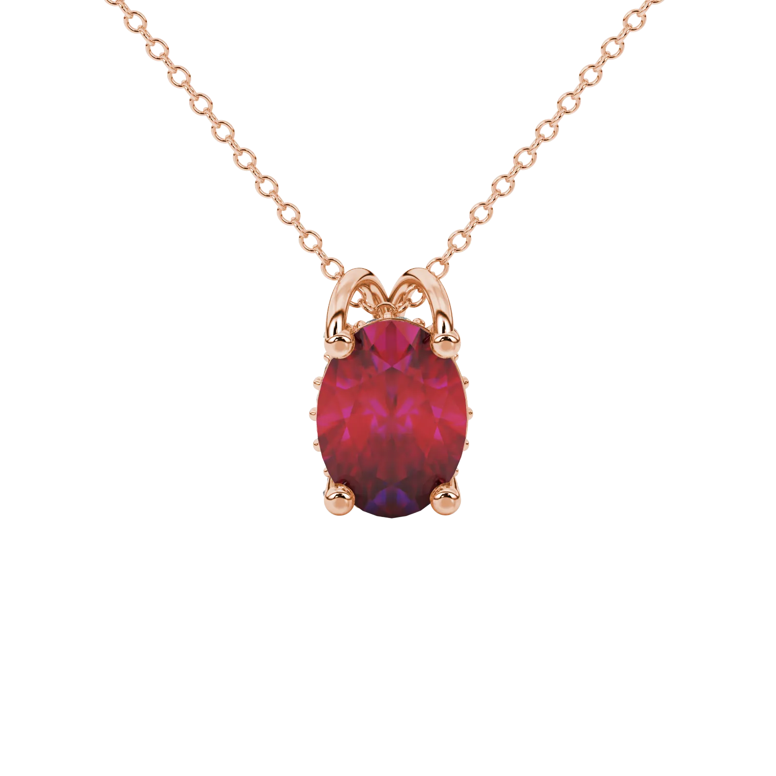 Oval cut raspberry red gemstone pendant, rose gold pavé basket setting.