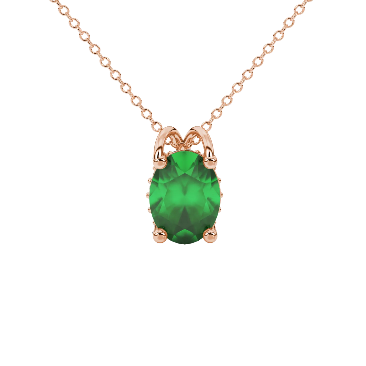 Oval cut emerald green gemstone pendant, rose gold pavé basket setting.