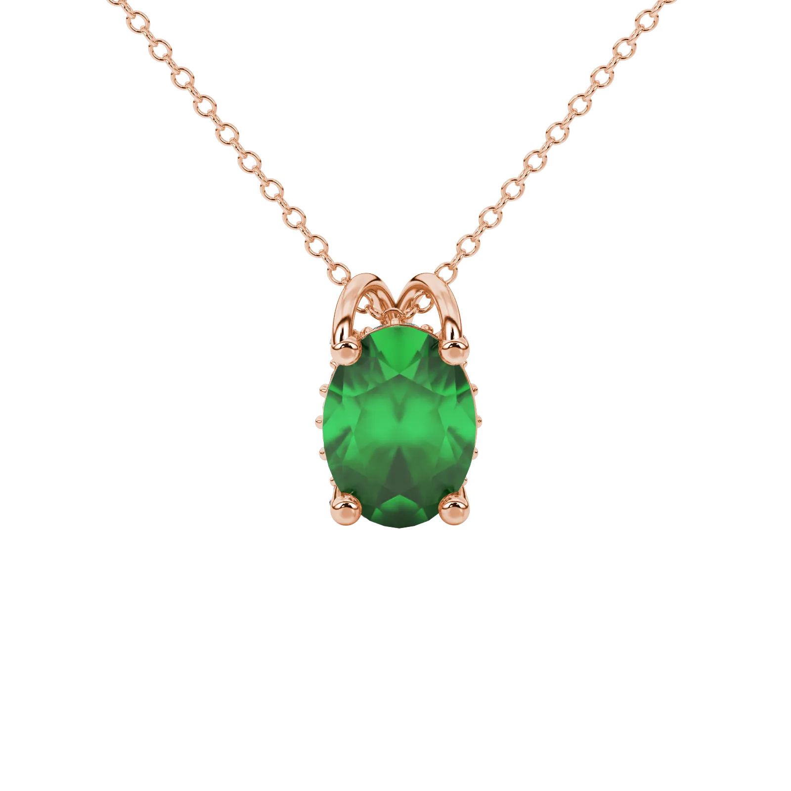Oval cut emerald green gemstone pendant, rose gold pavé basket setting.