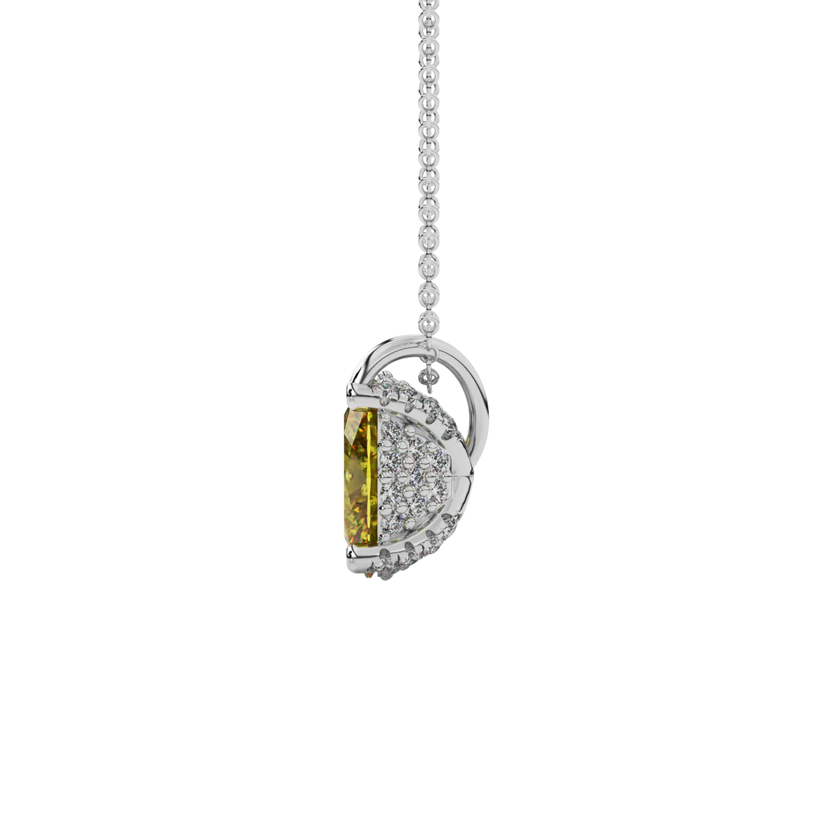 Side profile, white gold canary yellow pendant, pavé basket gallery.