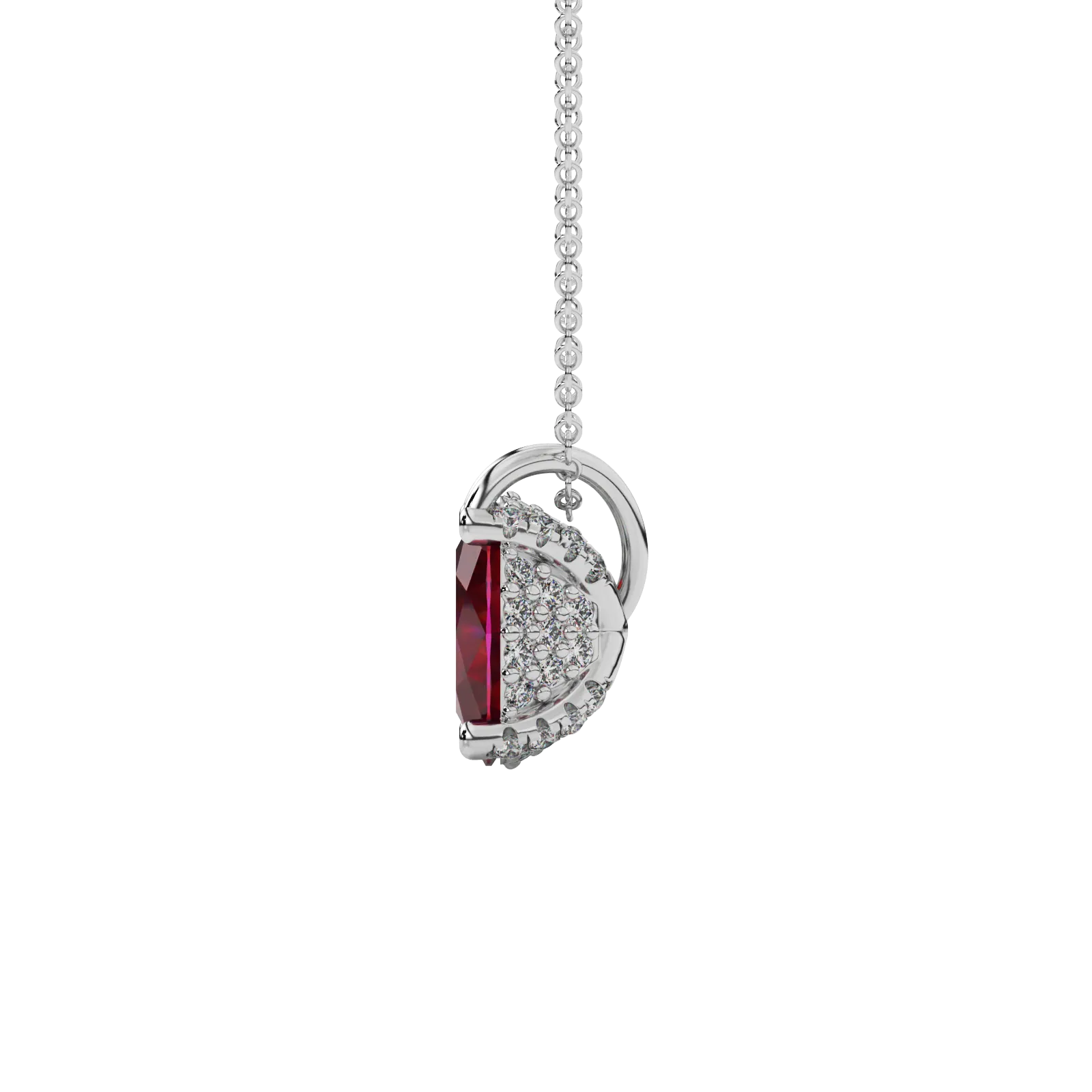 Side profile, white gold raspberry red pendant, pavé basket gallery.