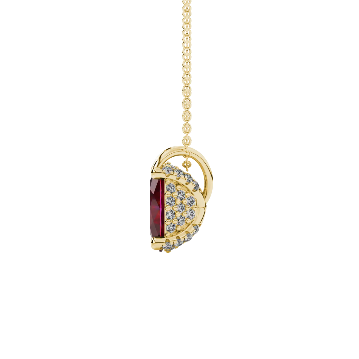 Side profile, yellow gold raspberry red pendant, pavé basket gallery.