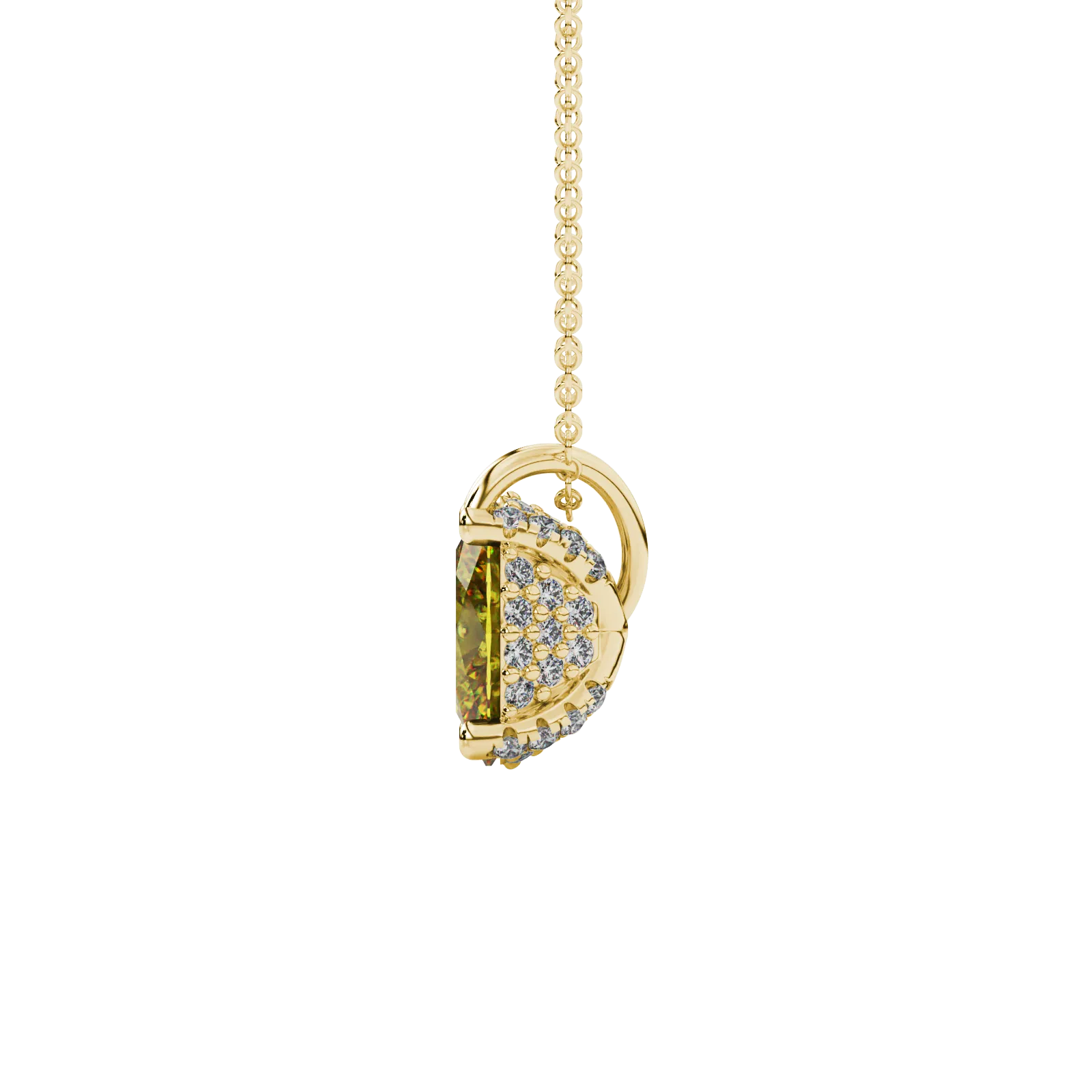 Side profile, yellow gold canary yellow pendant, pavé basket gallery.