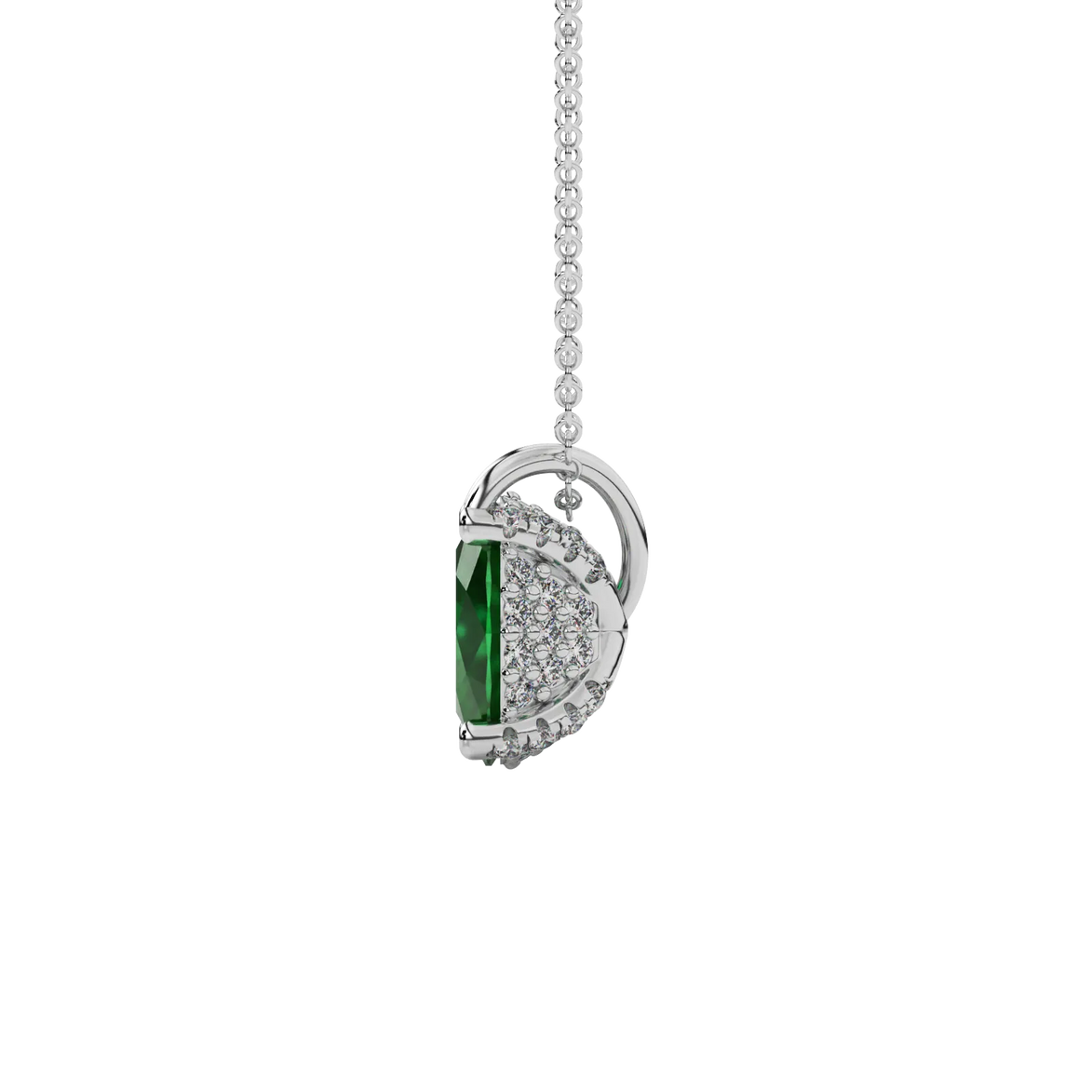 Side profile, white gold emerald green pendant, pavé basket gallery.