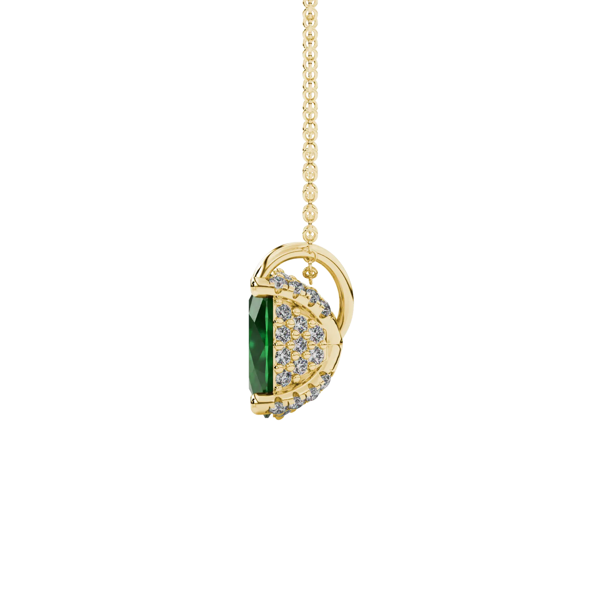 Side profile, yellow gold emerald green pendant, pavé basket gallery.