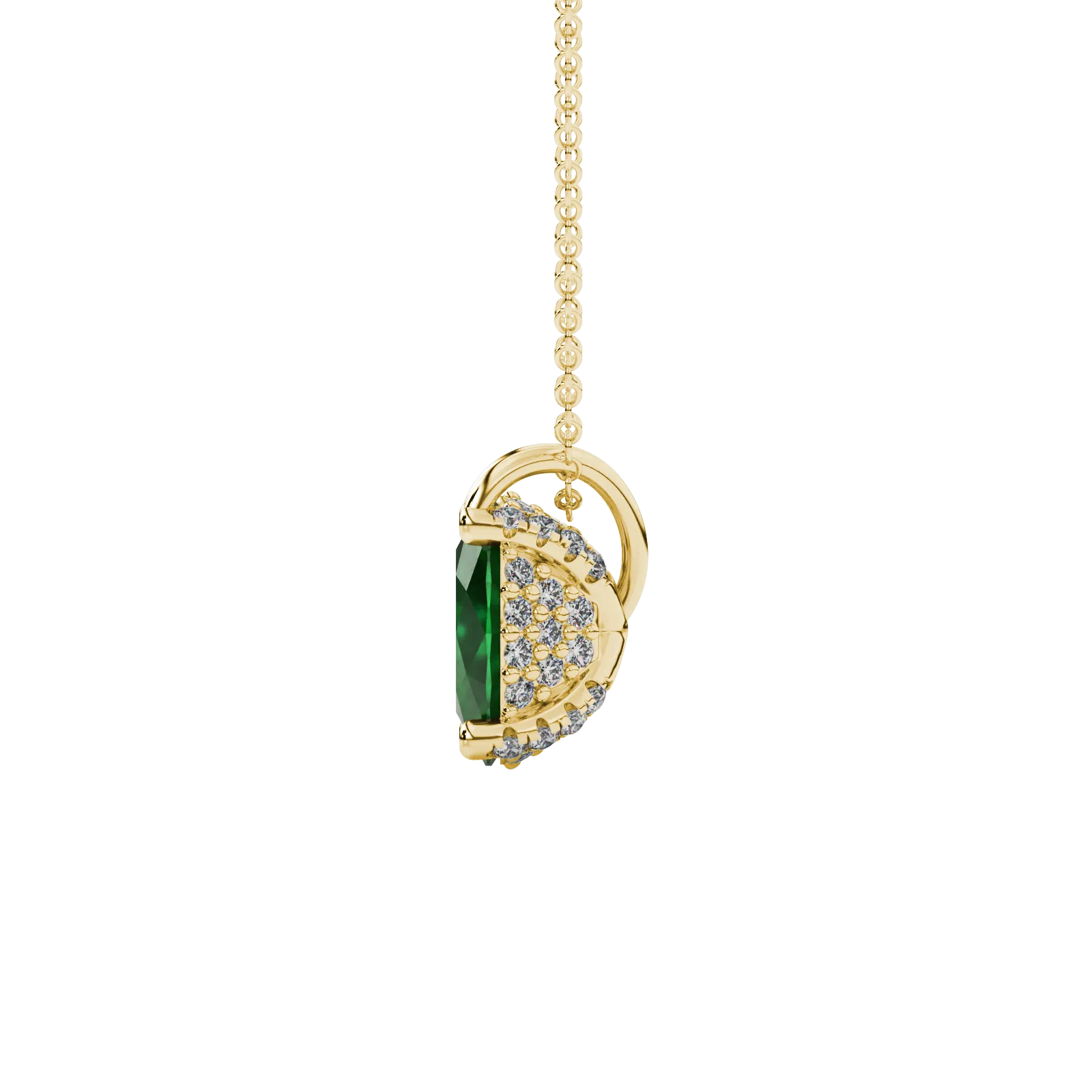 Side profile, yellow gold emerald green pendant, pavé basket gallery.