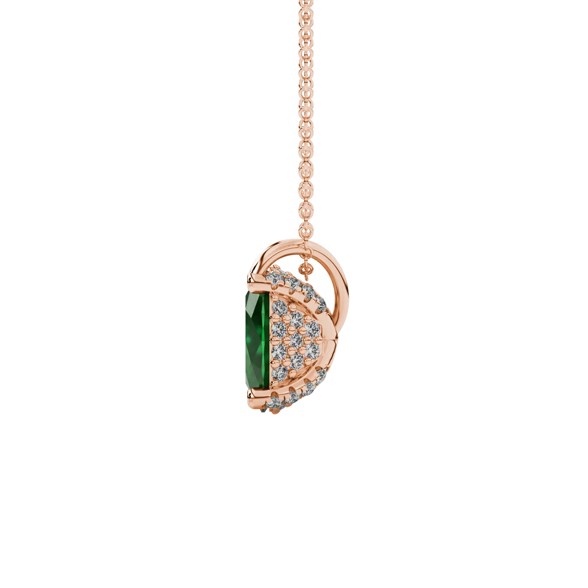 Side profile, rose gold emerald green pendant, pavé basket gallery.