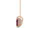 Side profile, rose gold raspberry red pendant, pavé basket gallery.