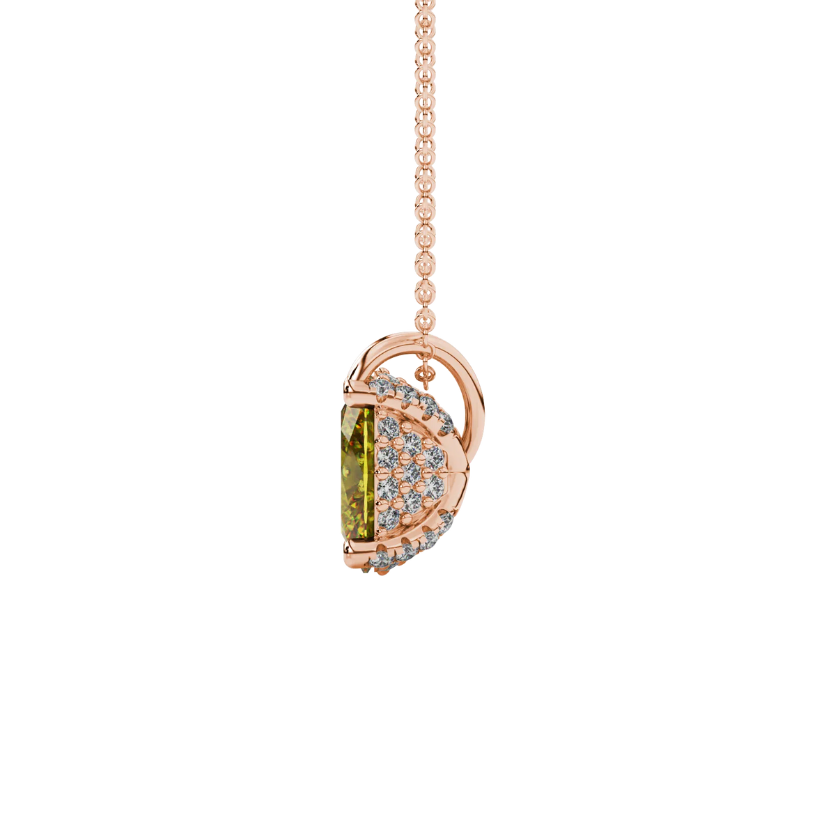 Side profile, rose gold canary yellow pendant, pavé basket gallery.