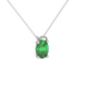 Close-up oval cut emerald green gemstone pendant, white gold pavé basket.