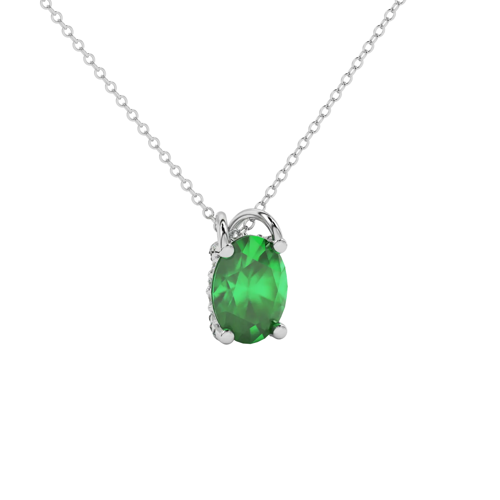 Close-up oval cut emerald green gemstone pendant, white gold pavé basket.