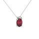 Close-up oval cut raspberry red gemstone pendant, white gold pavé basket.