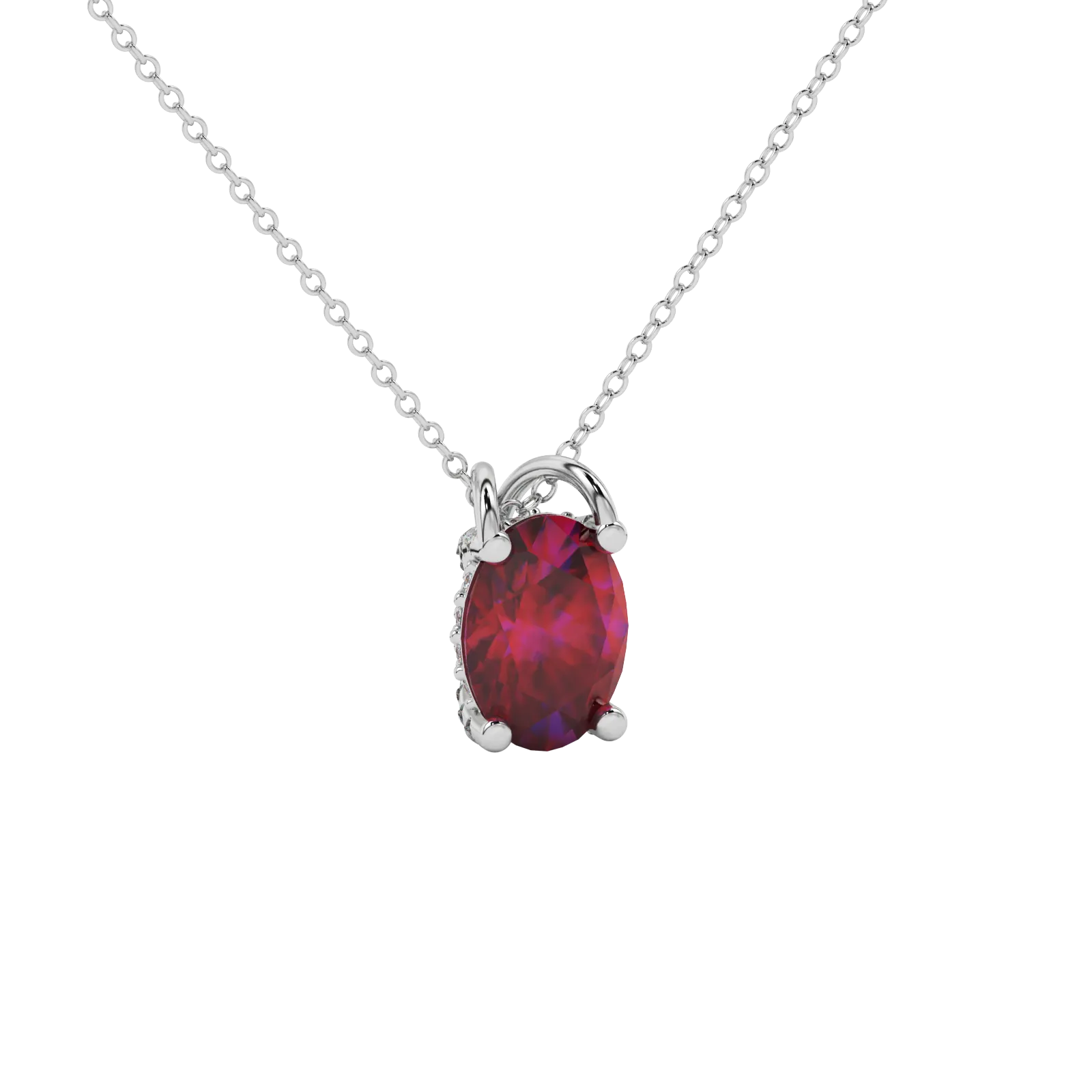 Close-up oval cut raspberry red gemstone pendant, white gold pavé basket.