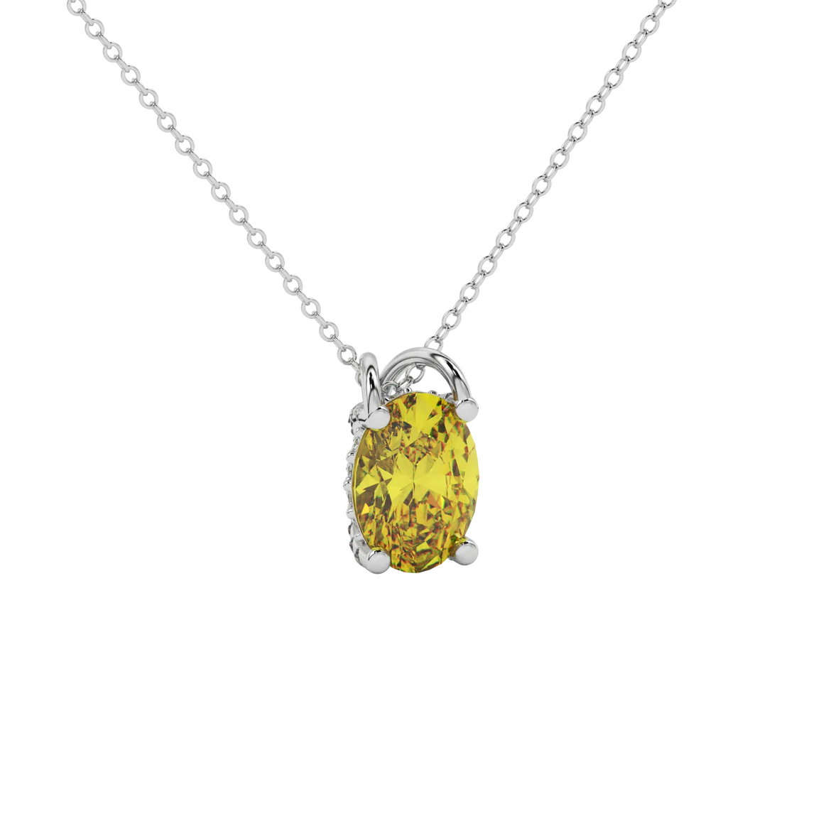 Close-up Oval cut canary yellow gemstone Pendant, white gold pavé basket.