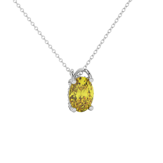 Close-up Oval cut canary yellow gemstone Pendant, white gold pavé basket.