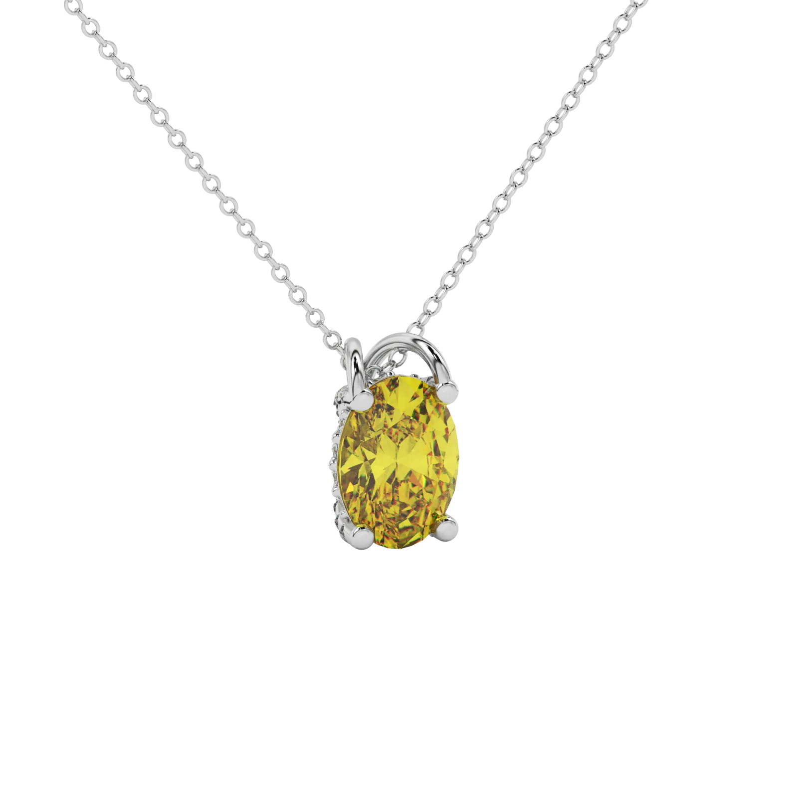 Close-up Oval cut canary yellow gemstone Pendant, white gold pavé basket.