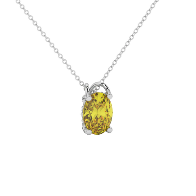 Close-up Oval cut canary yellow gemstone Pendant, white gold pavé basket.
