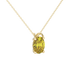 Close-up, oval cut canary yellow gemstone, yellow gold pavé basket pendant.